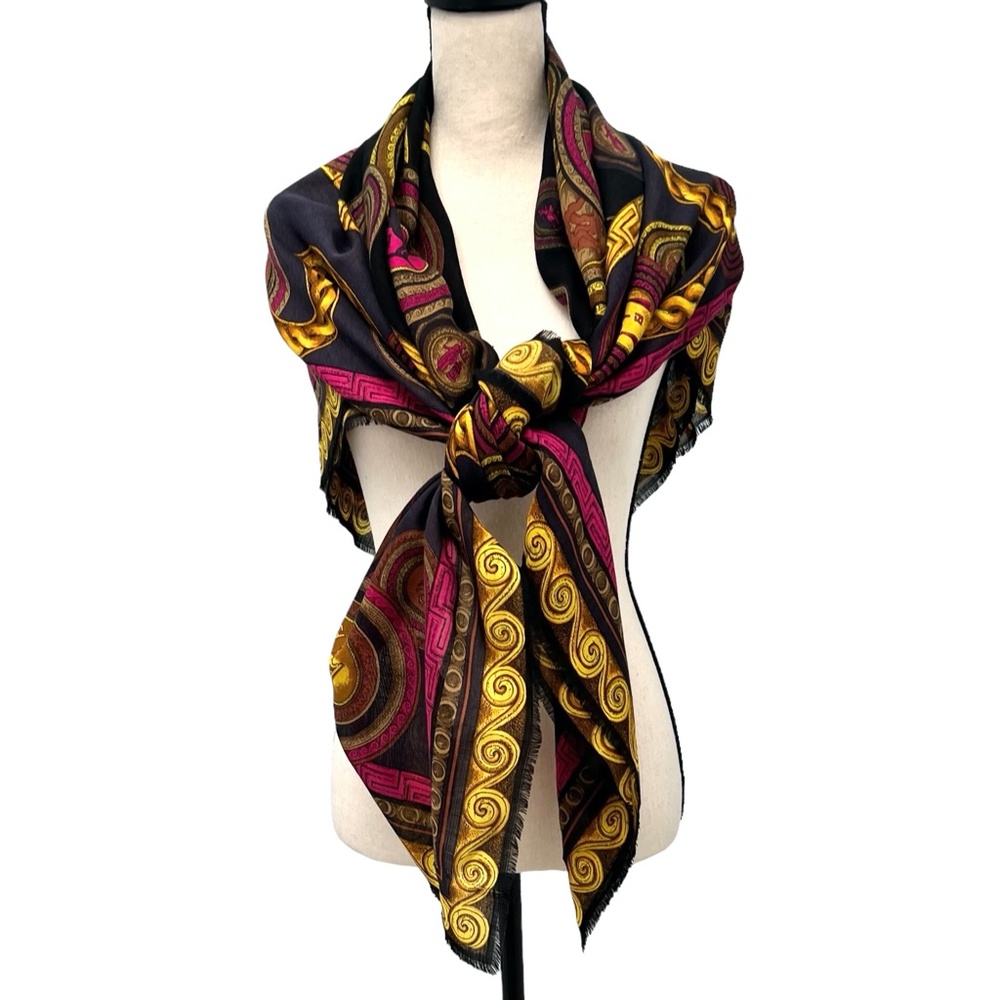 FENDI WOOL & SILK ZODIAC SIGNS IN BLUE, BLACK, PINK & GOLD FOULARD SCARF - Picture 4 of 14